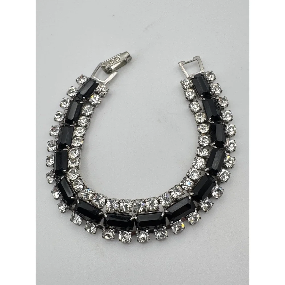 Vintage Rhinestone Bracelet Black Emerald Cut Clear 3 Row Jeweled Clasp MCM
